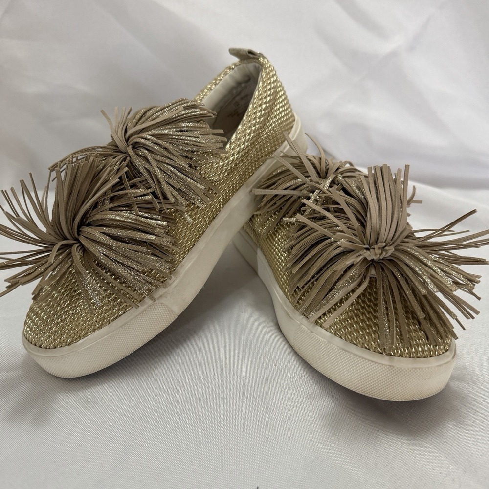 Sam Edelman Emory Gold Tassel Pom Pom Slip On Sneakers Sz 7M Boho Glam Resort
